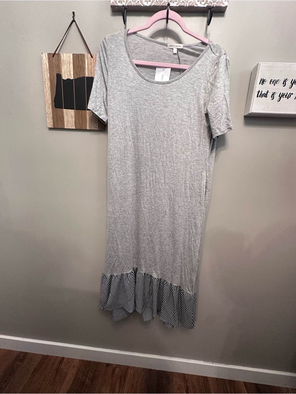 Stevie Hender Gray Midi Tee Dress with Striped Ruffle Hem